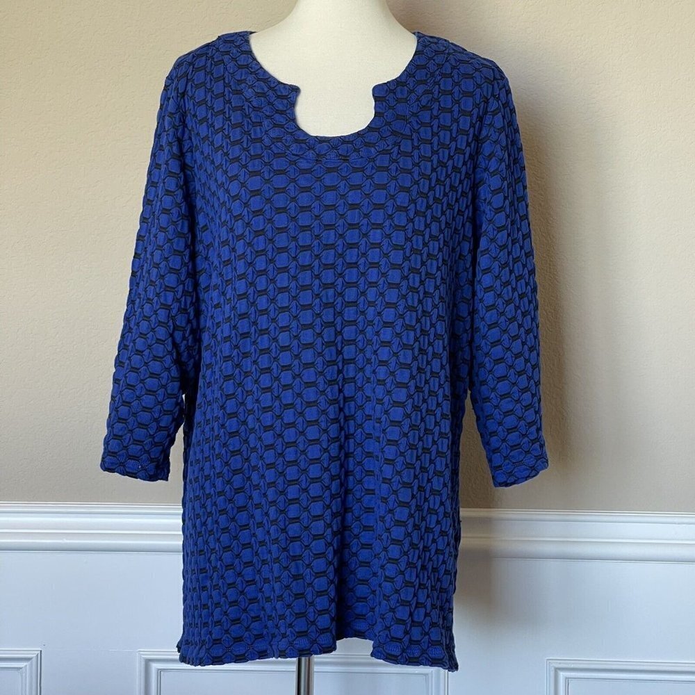 Kim Rogers Woman Womens Plus 3X Knit Top Blue Black Geometric Shirt Blouse Tunic